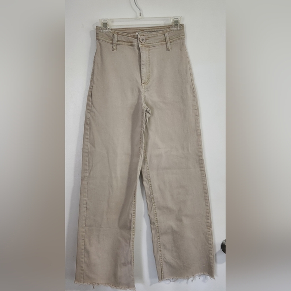 OAT NEW YORK Beige Tan Wide Leg Jeans Size 2 Raw Hem - Picture 1 of 12